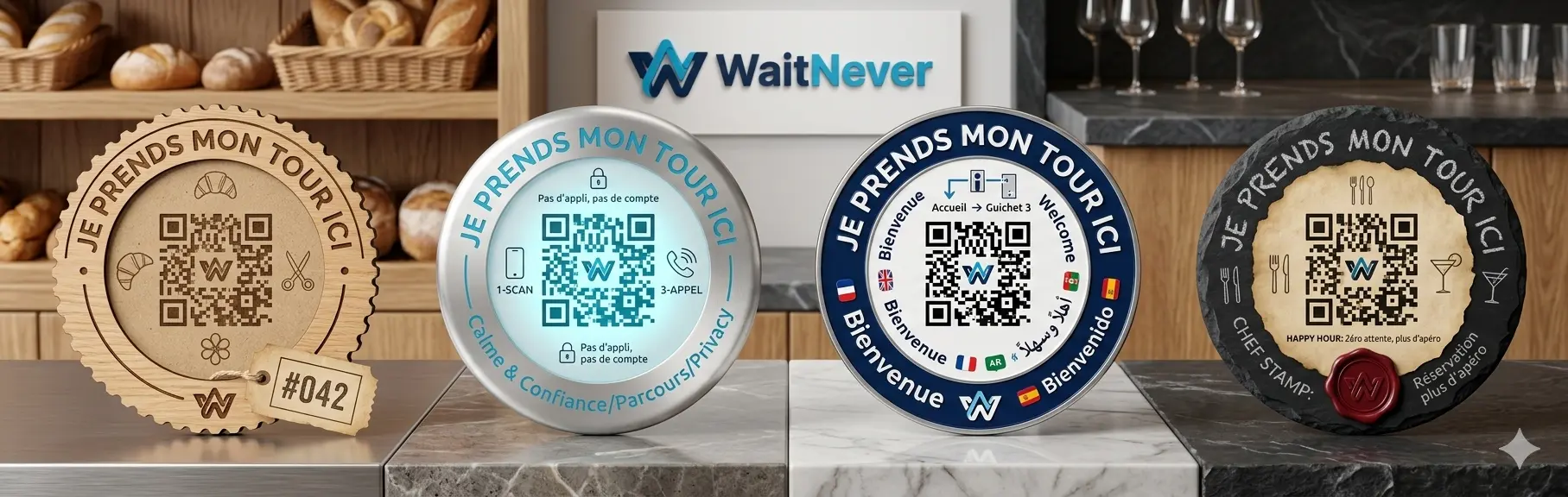 Les 4 stickers WaitNever : boulangerie, médical, services publics, restaurant